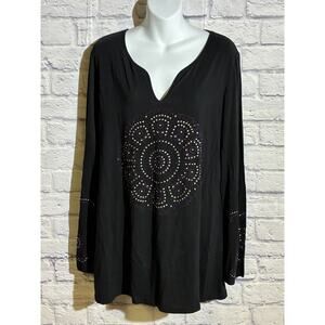 INC Black Rhinestone Mandala Tunic Top – Women’s XL – Boho Sparkle Shirt